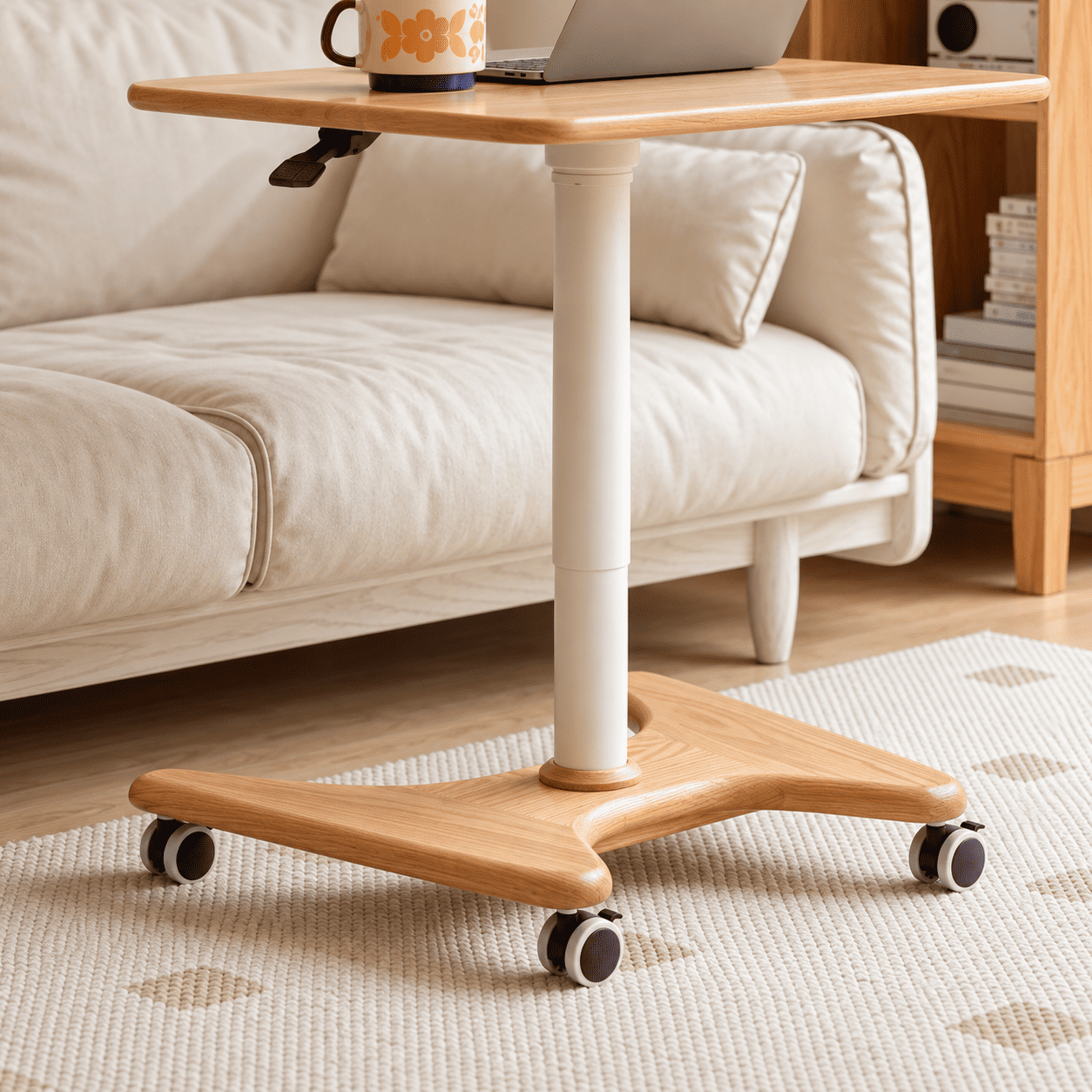 Close up of Cary movable small desk base, white height adjustable column and caster wheels