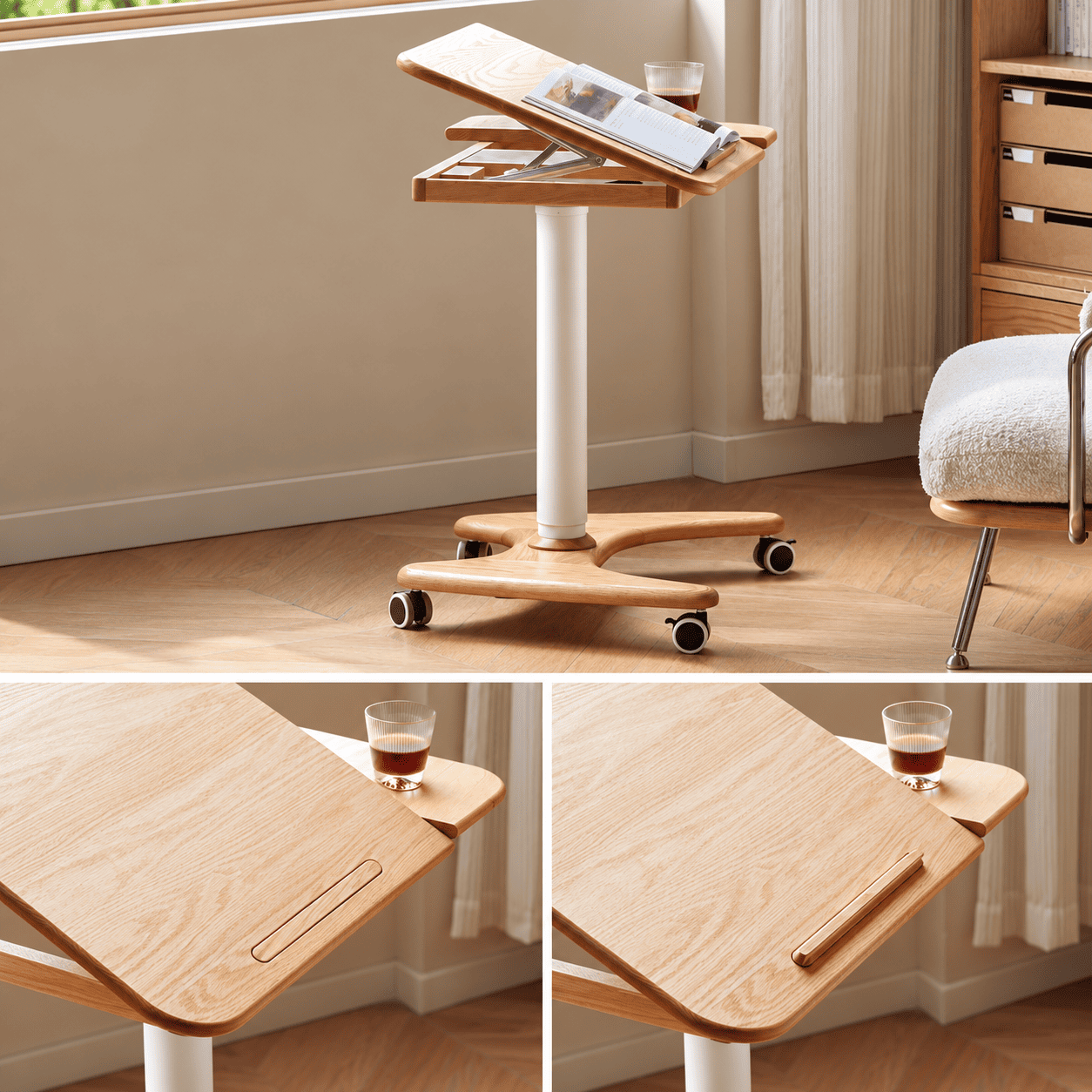 Cary solid oak movable desk showing adjustable tilting tabletop and built in stopper detail