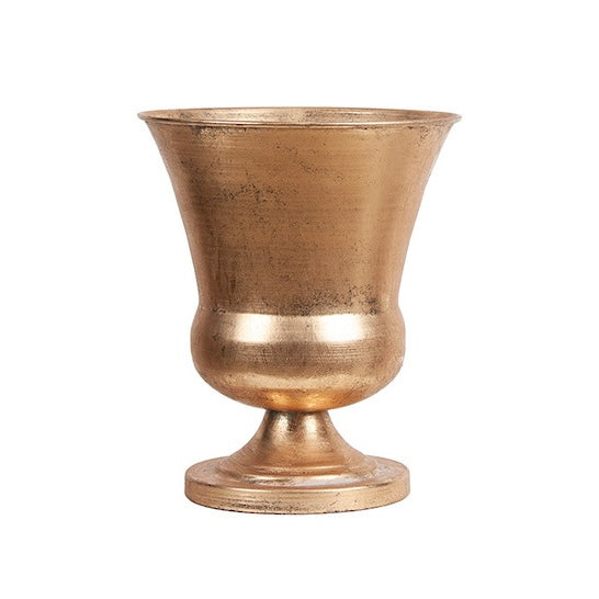 Large soft gold chalice pedestal planter with antique metallic finish, flared opening and classic urn shape