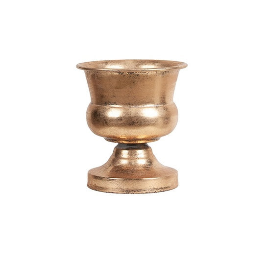 Small soft gold chalice pedestal planter featuring a vintage gold finish, rounded bowl and decorative base