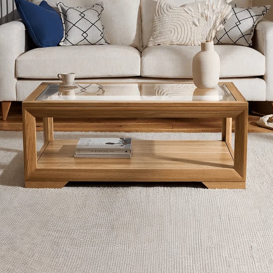 Chamfer Natural Solid Oak Glass Topped Coffee Table | glass coffee table deliver to NZ national-wide | Oak Furniture Store