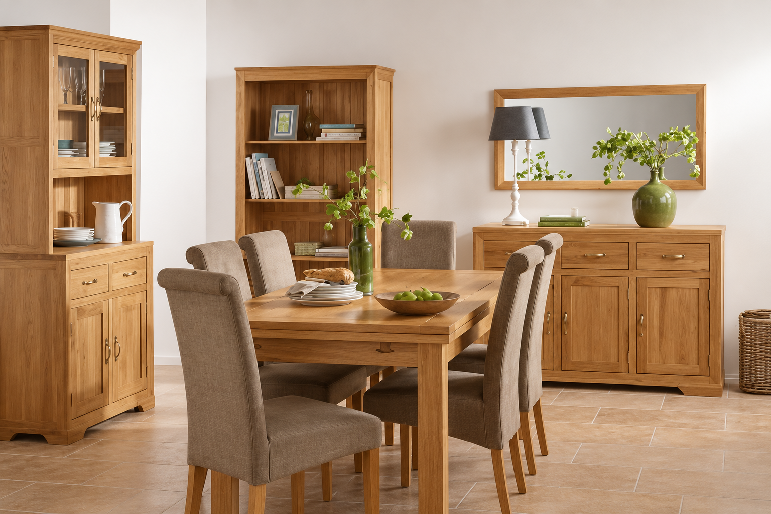 A warm oak wood dining room furniture set including a dining table with upholstered chairs, a hutch, a sideboard with mirror, and a bookcase, arranged in a bright dining room.