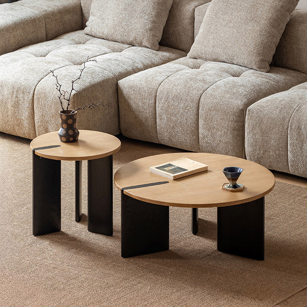 Charcoal solid ash round nesting coffee table set with two-tone design
