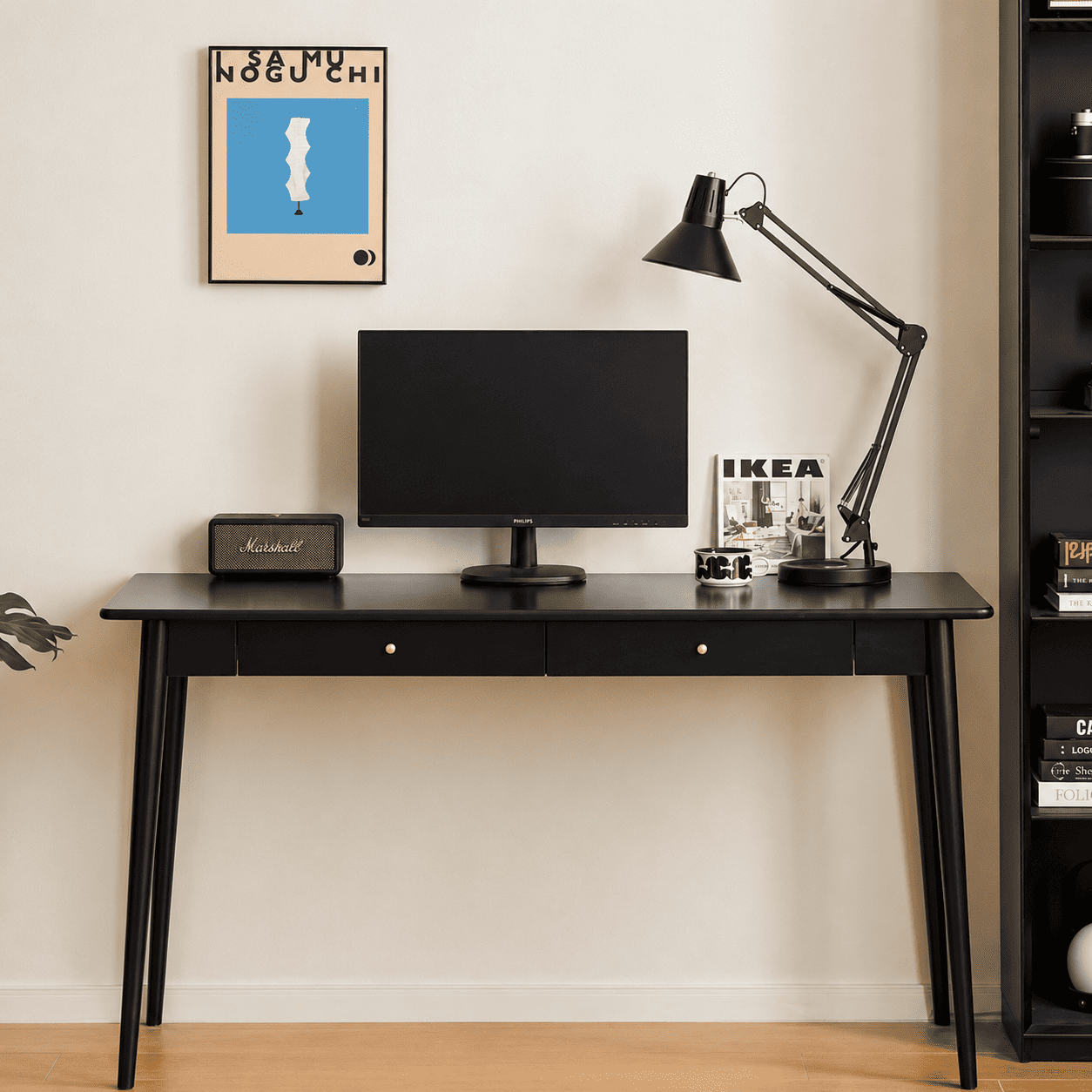 Charcoal solid rubber wood desk with two drawers for studying and working
