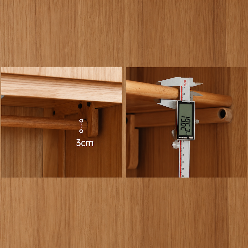 Clovis wardrobe hanging rail detail with 3 cm support and 2.5 cm rail measurement