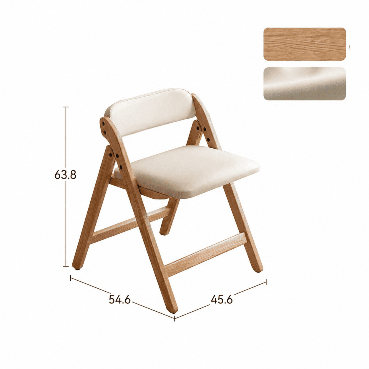 Corese Natural Solid Oak Folding Chair product diagram showing natural oak and cream upholstery materials with overall dimensions.