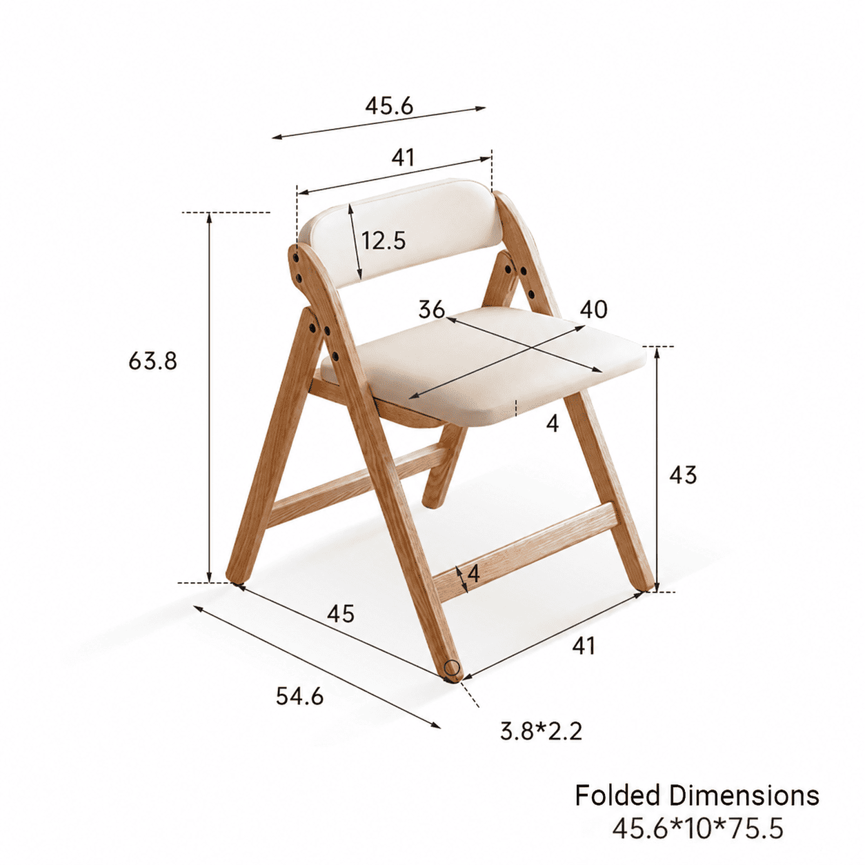 Corese Natural Solid Oak Folding Chair dimension guide with folded size, seat height, width, depth and backrest measurements.