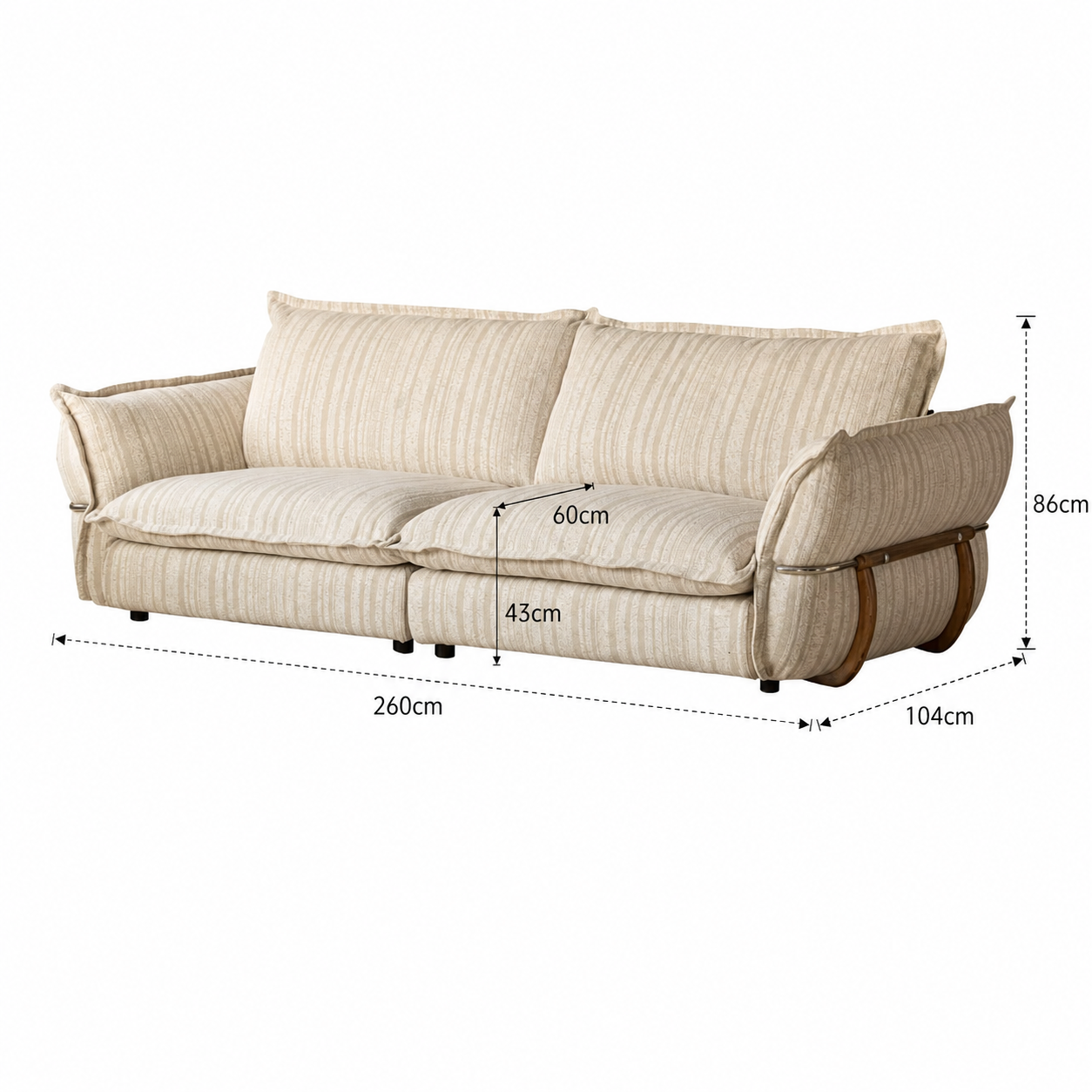 Cream striped fabric sofa dimensions showing 260 cm width, 104 cm depth, 86 cm height, 43 cm seat height and 60 cm seat depth.