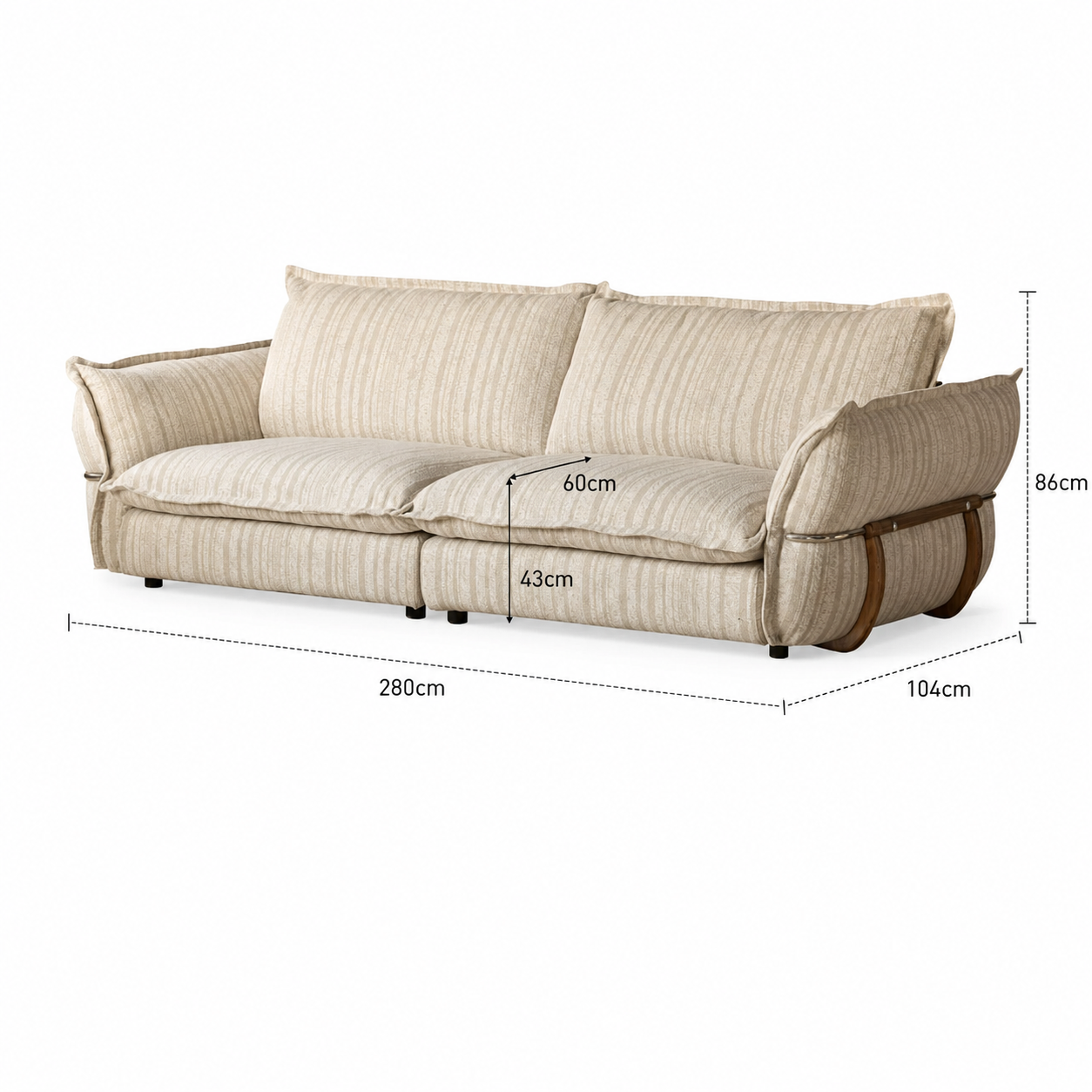 Cream striped fabric sofa dimensions showing 280 cm width, 104 cm depth, 86 cm height, 43 cm seat height and 60 cm seat depth.