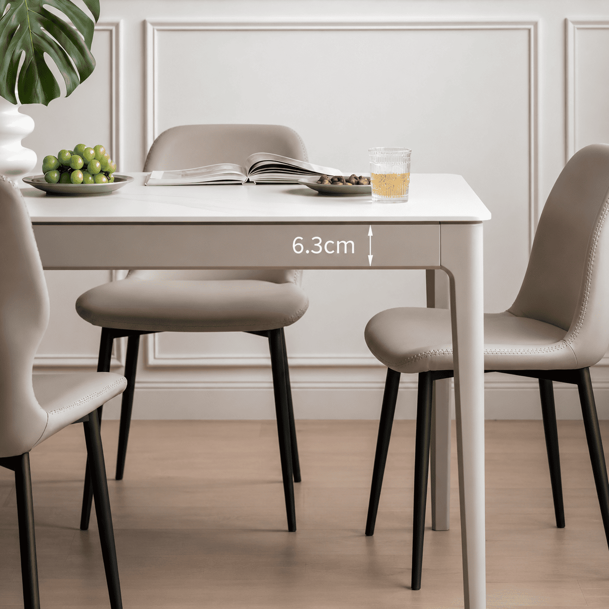 Daejeon Tulip Poplar Painted Dining Table set with upholstered chairs, showing 6.3cm table edge detail.