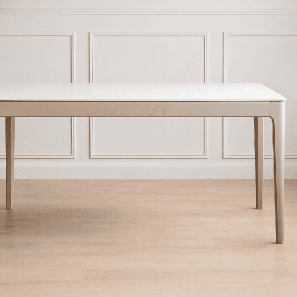 Daejeon Tulip Poplar Painted Dining Table with white rectangular top, rounded corners and slim legs in a minimal room.