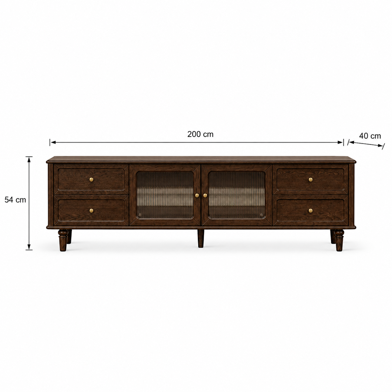 Dark walnut TV unit dimensions showing 200 cm width, 40 cm depth and 54 cm height with fluted glass doors and four storage drawers.