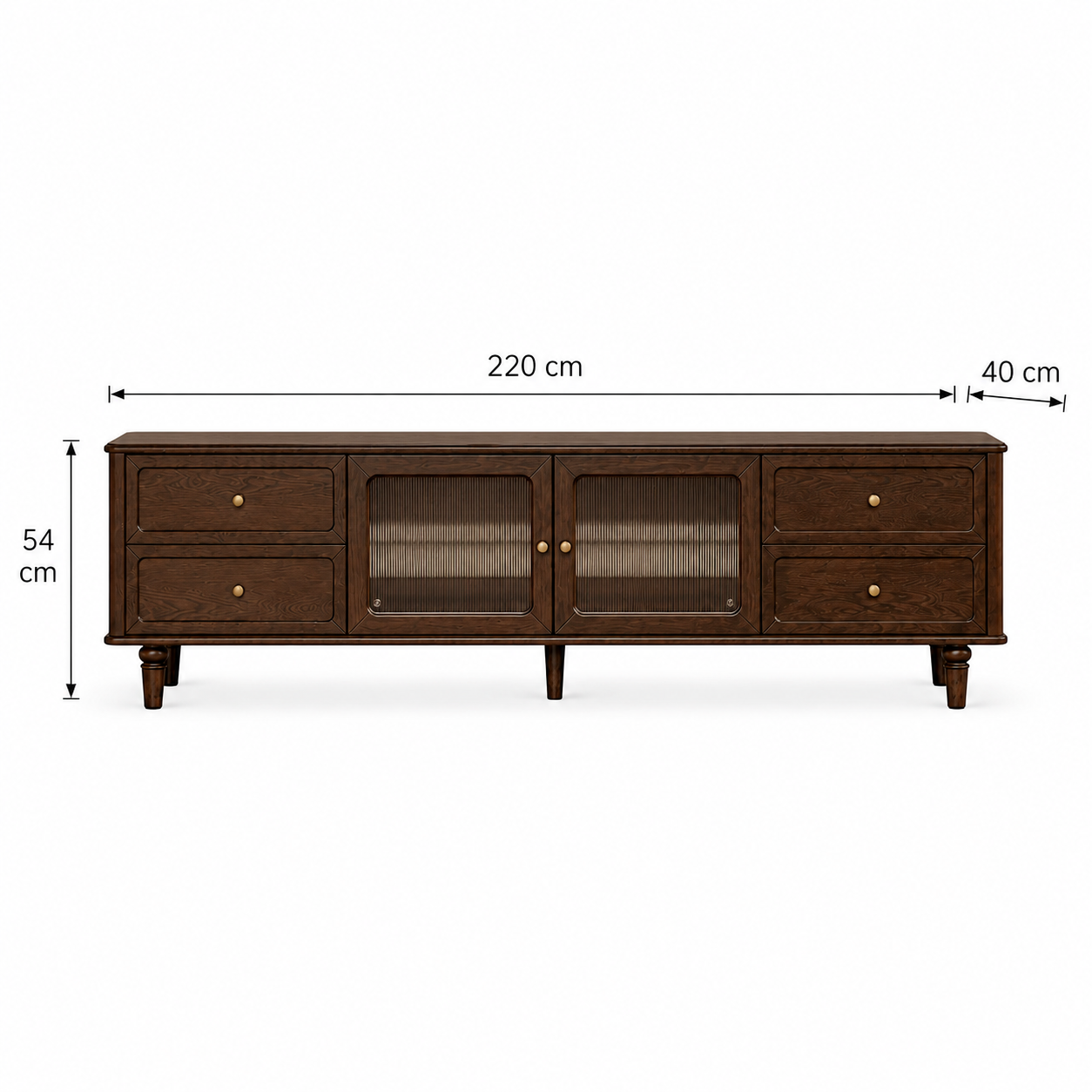 Dark walnut TV unit dimensions showing 220 cm width, 40 cm depth and 54 cm height with fluted glass doors and four storage drawers.