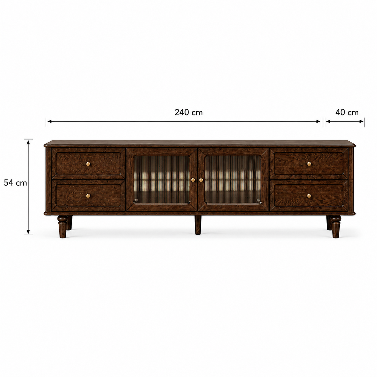 Dark walnut TV unit dimensions showing 240 cm width, 40 cm depth and 54 cm height with fluted glass doors and four storage drawers.