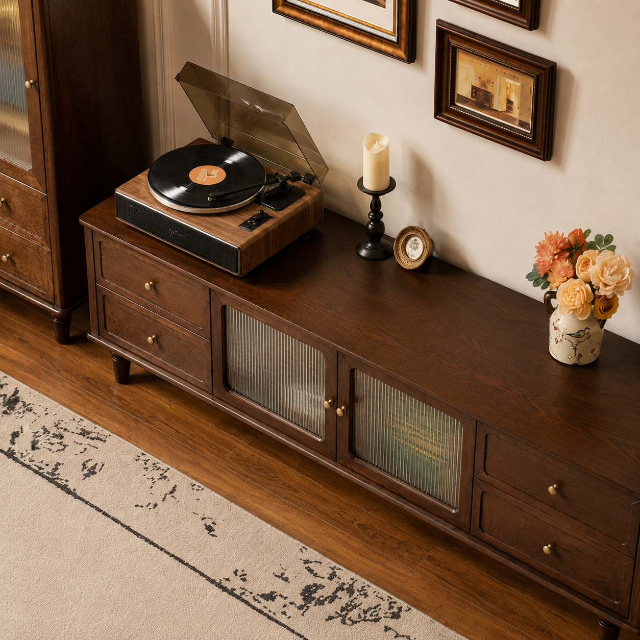 Top view of a dark wood TV unit showing the spacious wood surface and fluted glass cabinet doors.