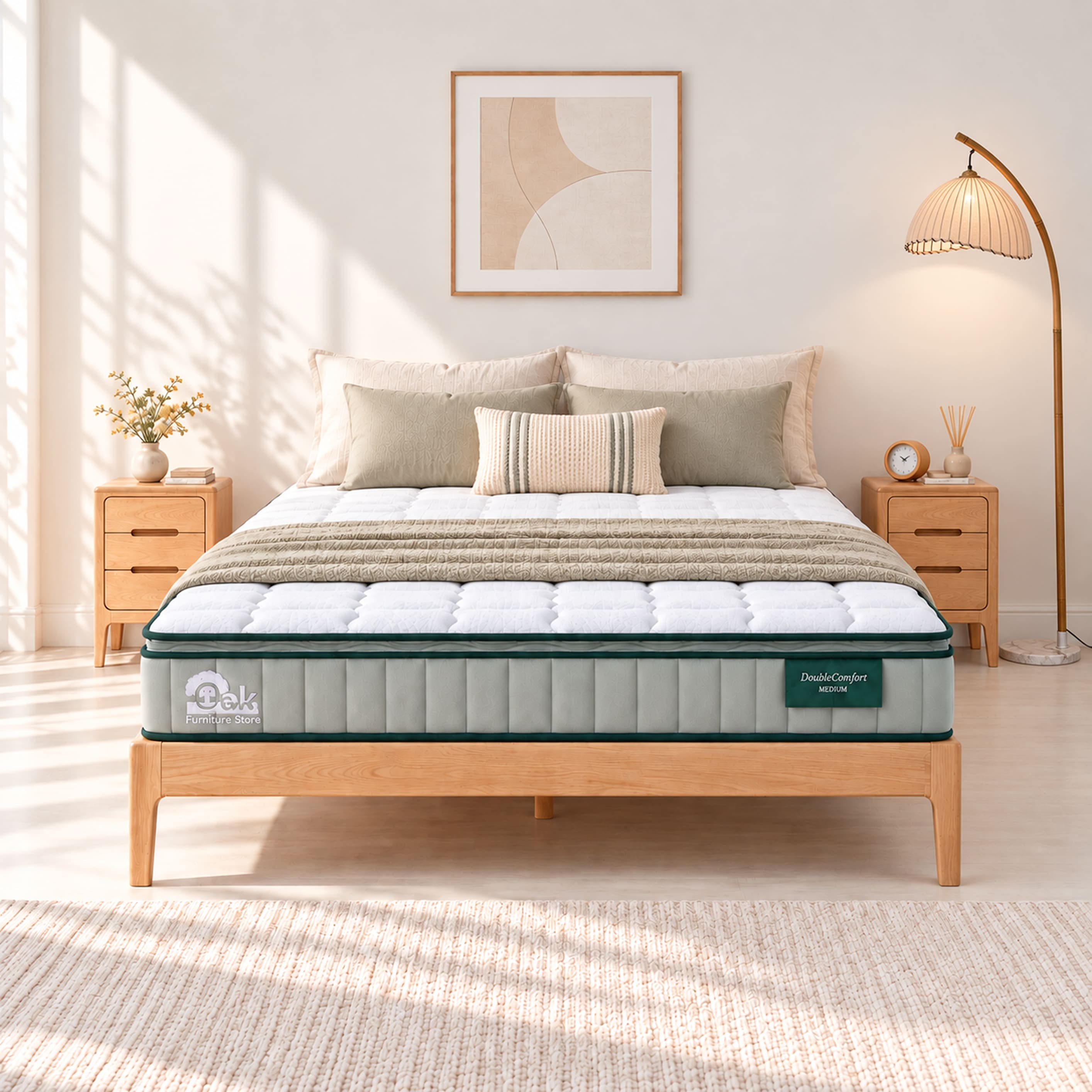DoubleComfort Pocket Spring Mattress in a neutral bedroom with timber bedside tables and soft natural light