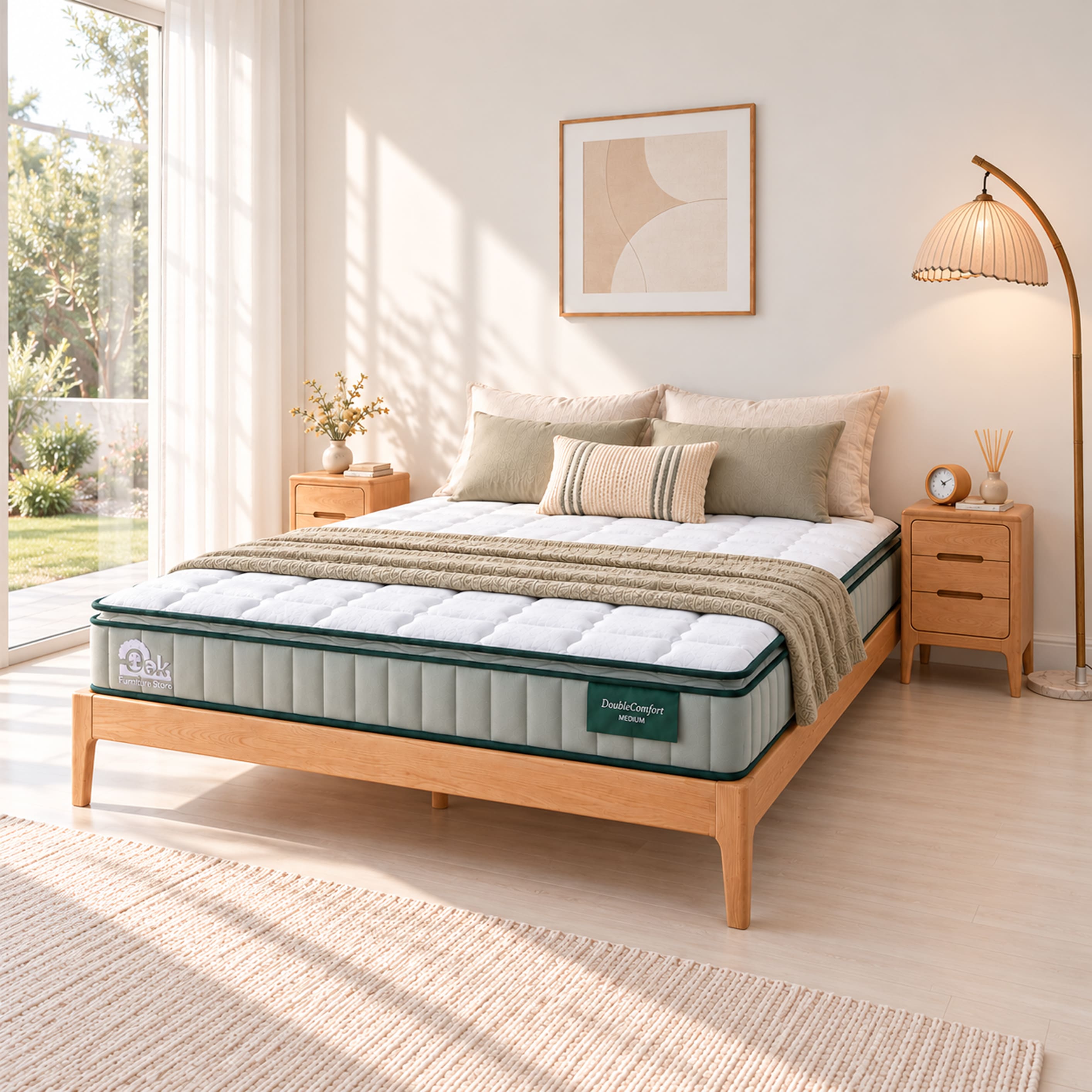 DoubleComfort Pocket Spring Mattress styled on a wooden bed frame in a bright modern bedroom
