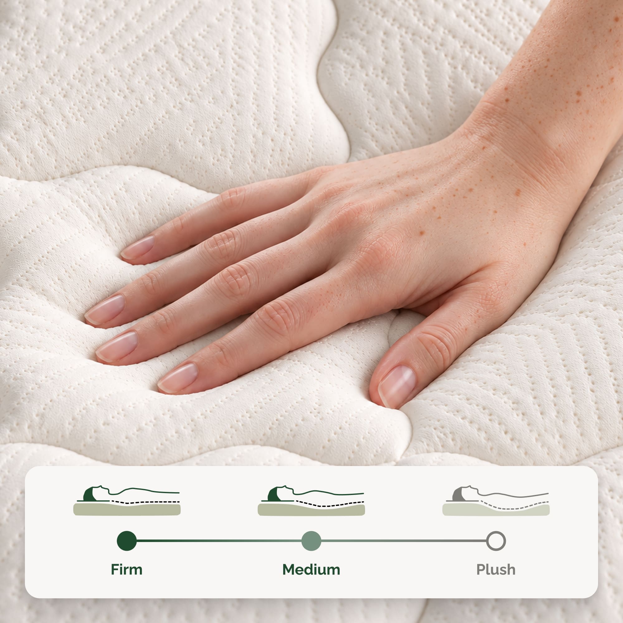 Hand pressing the DoubleComfort Pocket Spring Mattress surface with firmness scale from firm to medium to plush