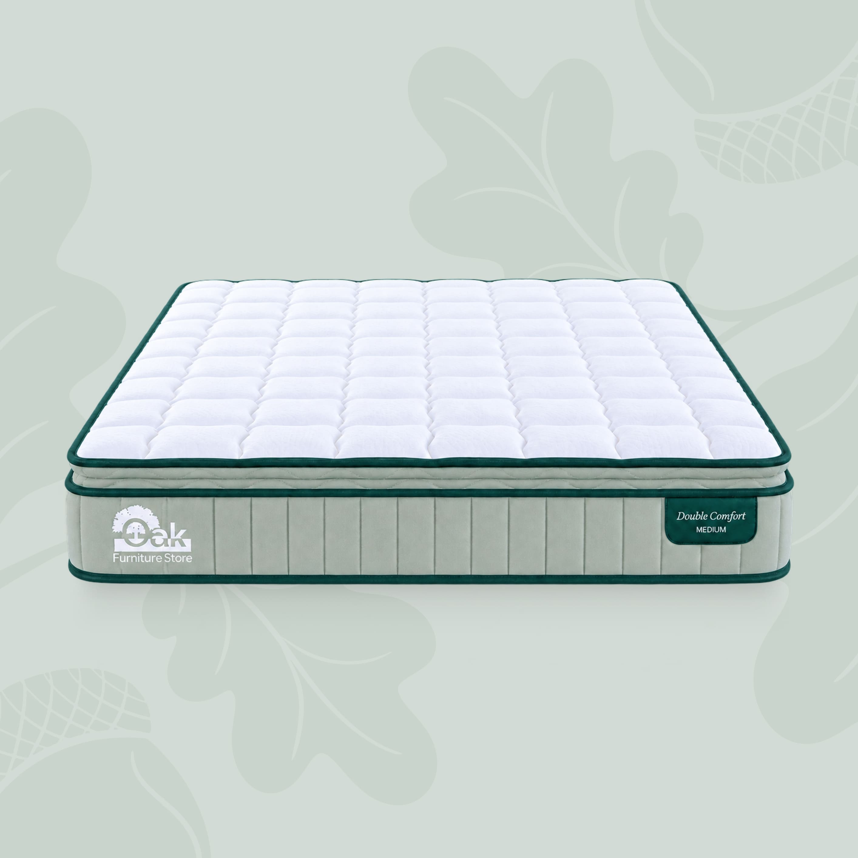 DoubleComfort Pocket Spring Mattress front view with medium comfort label and quilted white top