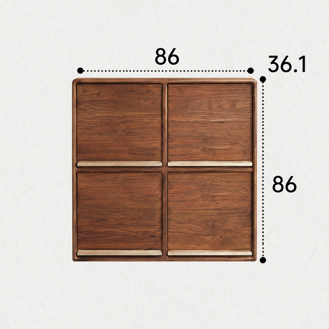 4-compartment walnut storage cabinet measuring 86 cm wide, 86 cm high and 36.1 cm deep.