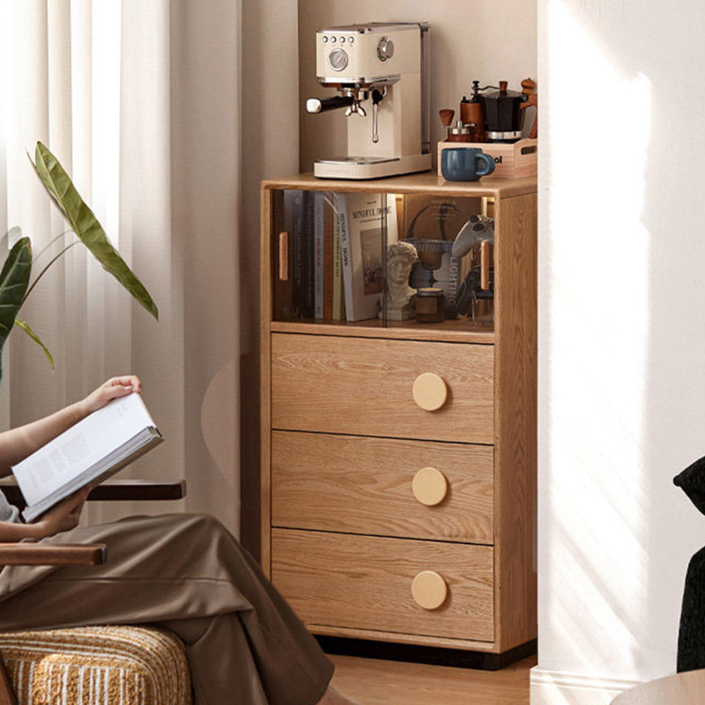 Elmas natural solid oak side cabinet with grey glass sliding door, LED lighting and drawers in a retro-inspired Kiwi interior