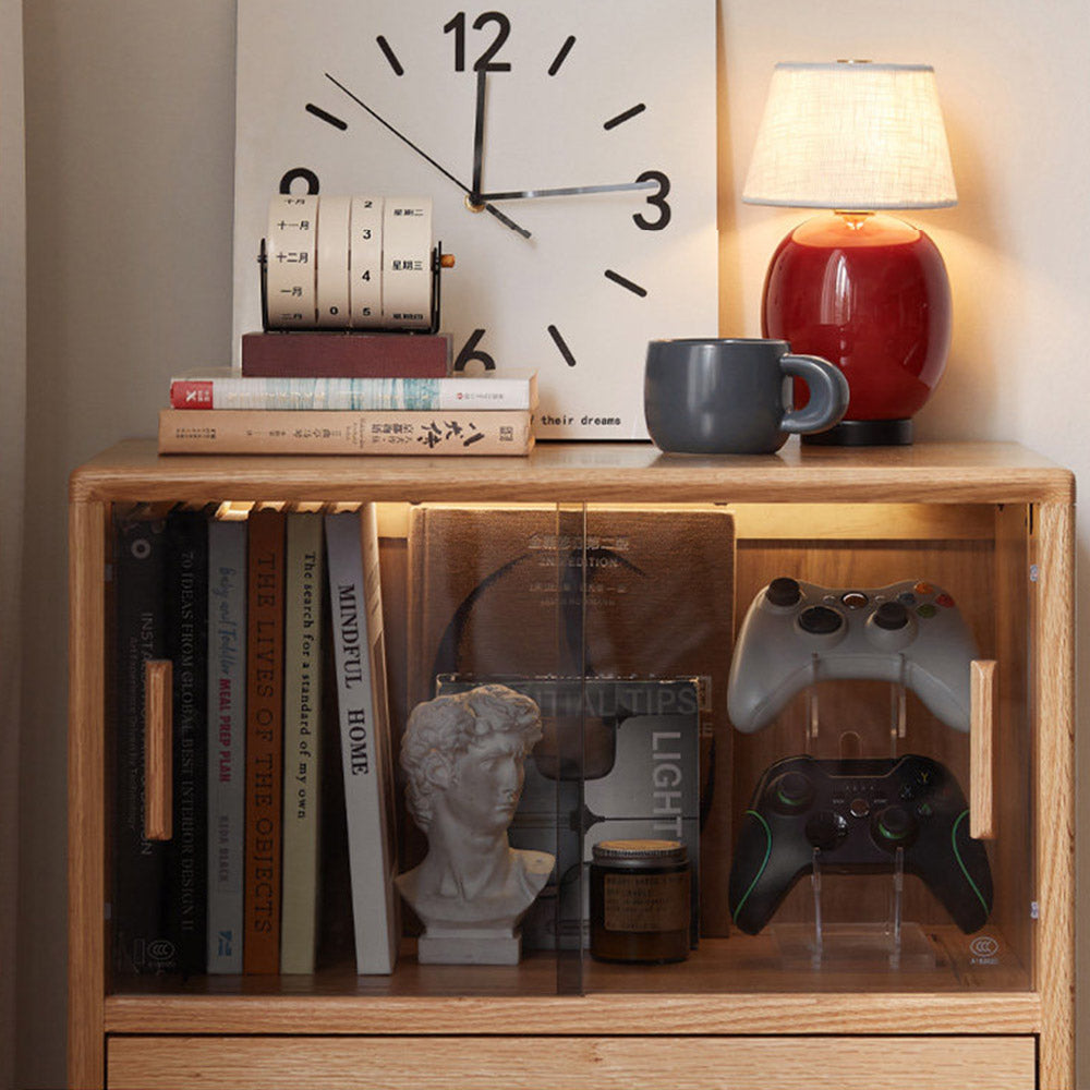 Elmas natural solid oak side cabinet with grey glass sliding door, LED lighting and drawers in a retro-inspired Kiwi interior