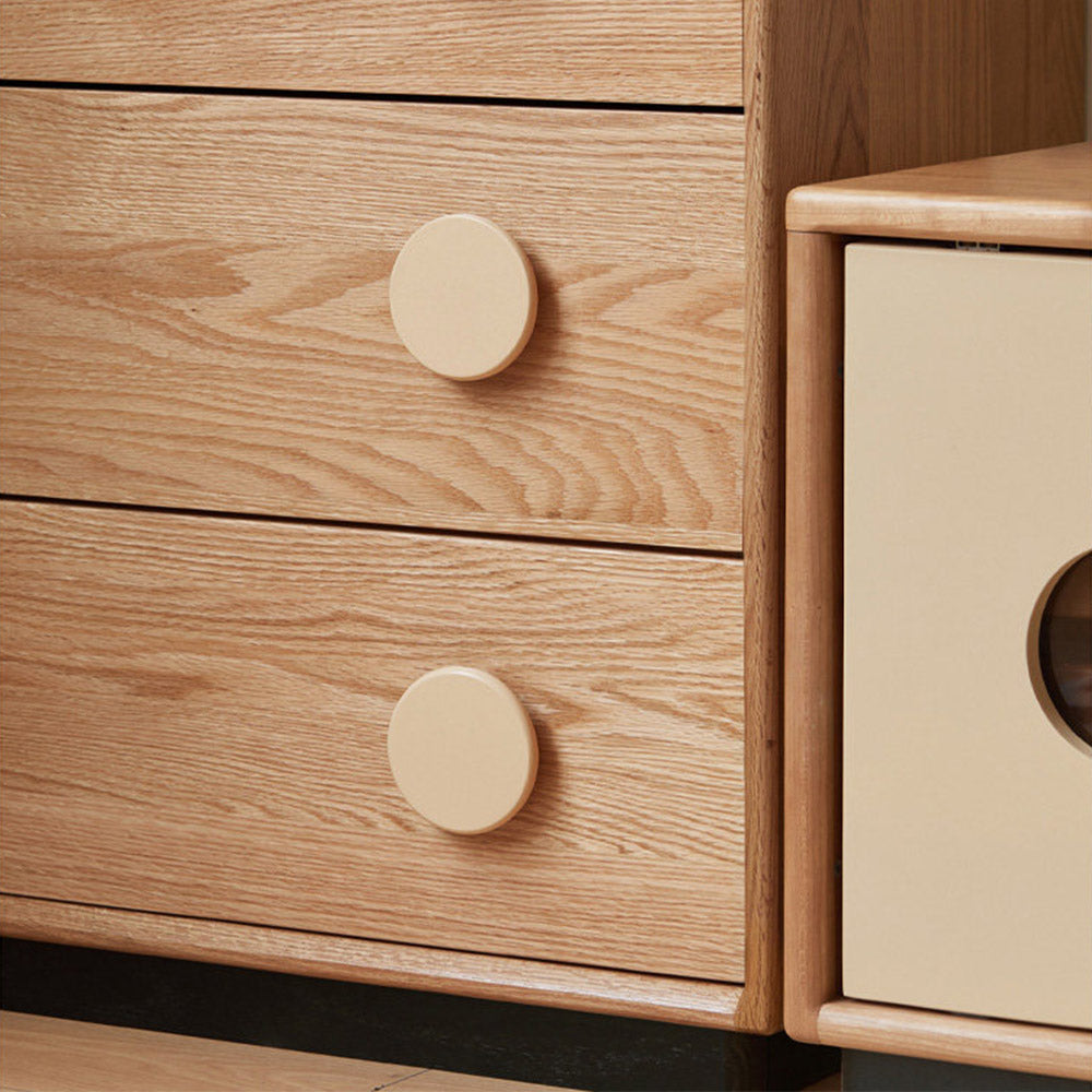 Elmas natural solid oak side cabinet with grey glass sliding door, LED lighting and drawers in a retro-inspired Kiwi interior