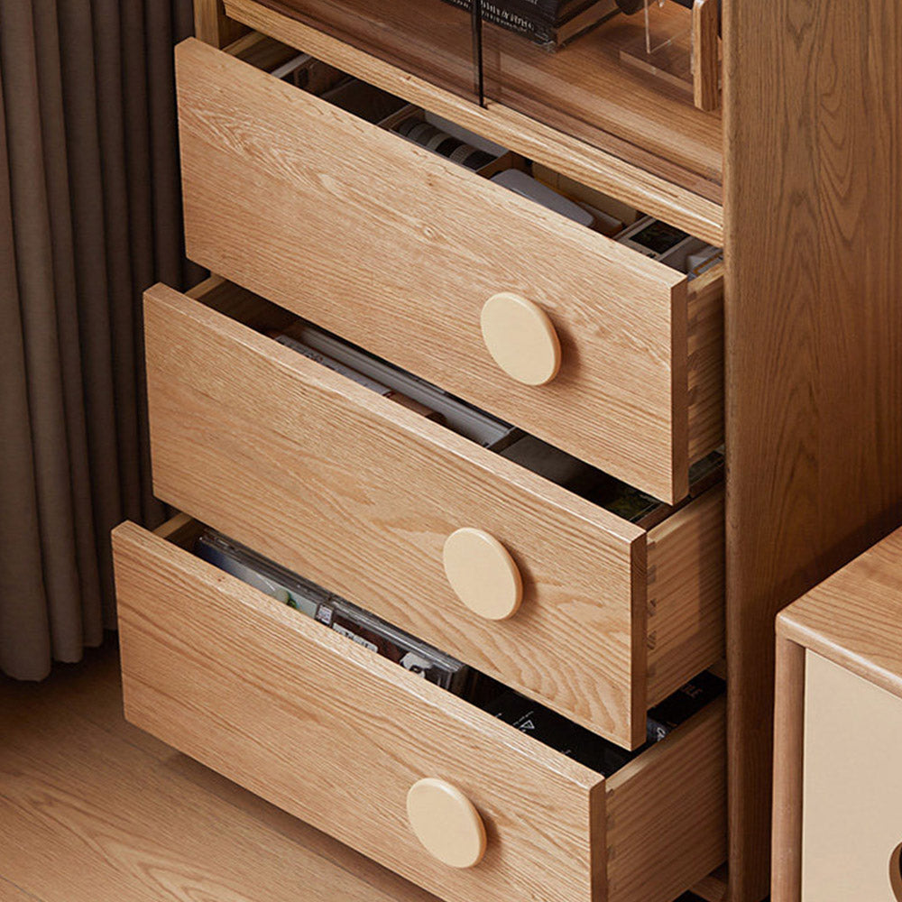 Elmas natural solid oak side cabinet with grey glass sliding door, LED lighting and drawers in a retro-inspired Kiwi interior