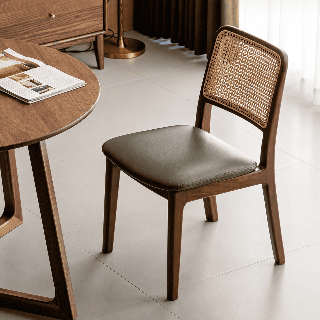 Ely walnut dining chair with leather seat pad for comfortable everyday dining