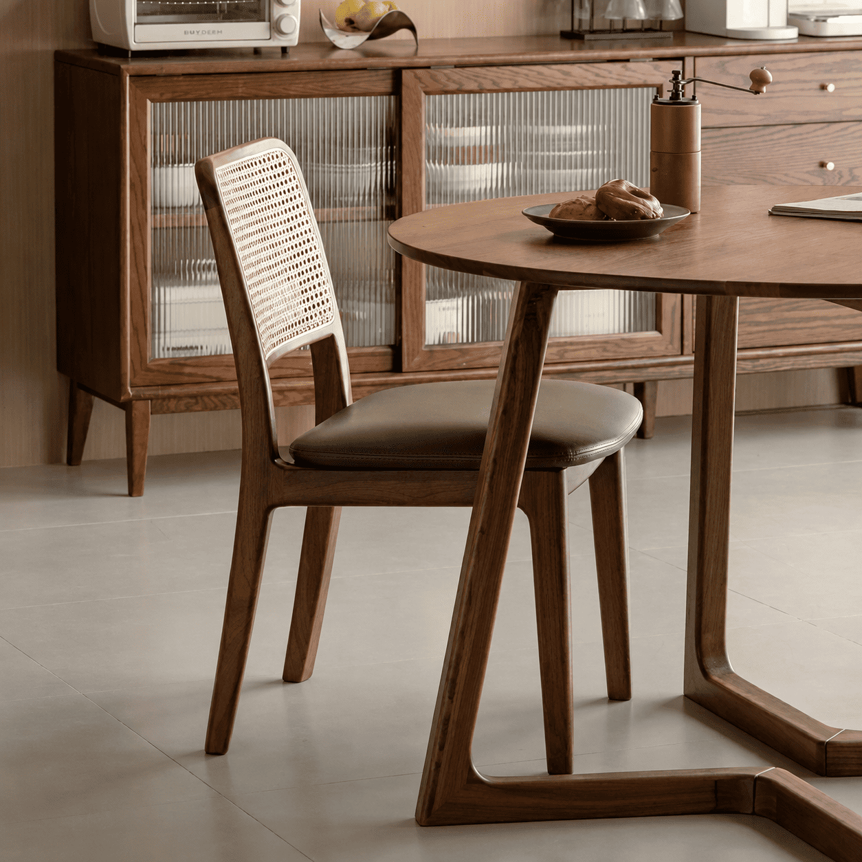 Natural solid walnut chair with leather seat pad for dining room, kitchen, and open-plan living