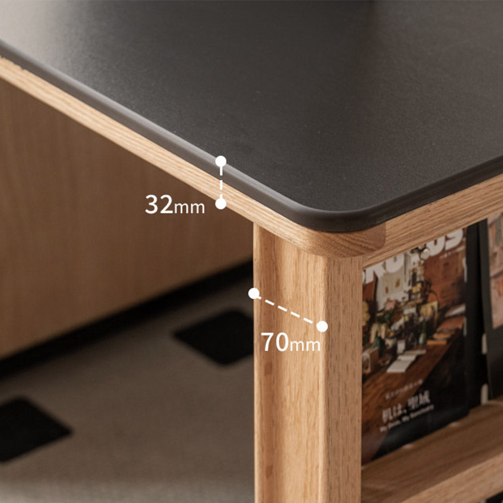 Empoli natural solid ash nesting coffee table set with black ceramic top, storage drawer, pegboard side and removable wheels in a living room