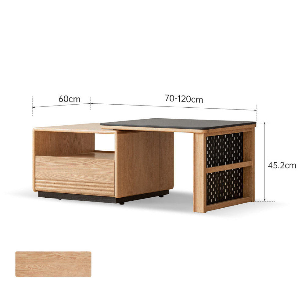 Empoli natural solid ash nesting coffee table set with black ceramic top, storage drawer, pegboard side and removable wheels in a living room