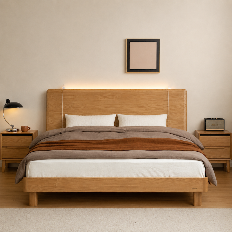 Endrinal Natural Solid Ash Bed Frame with Adjustable Headboard