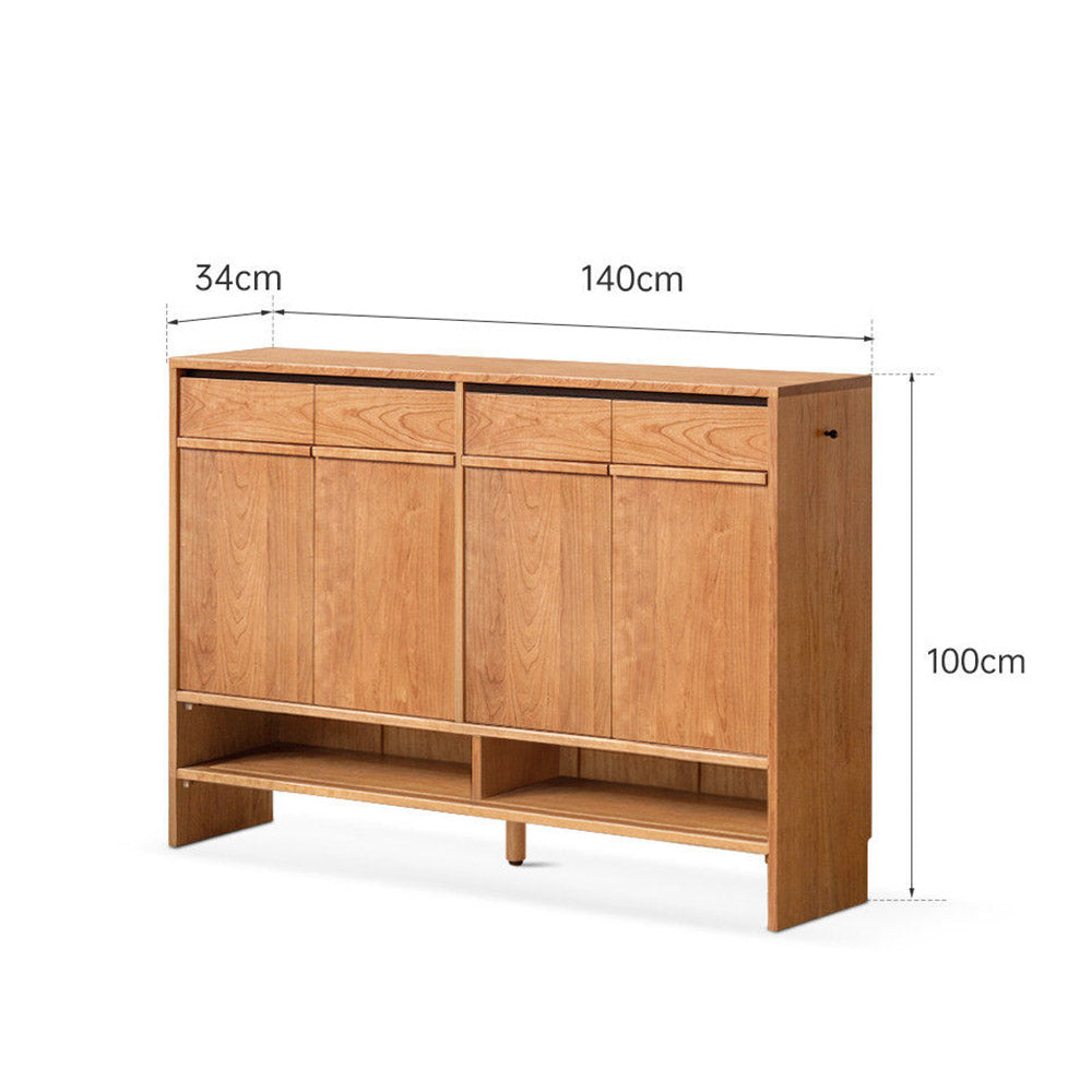 Enna natural solid cherry shoe cabinet with drawers, adjustable shoe racks, open shelves and side hooks in a hallway setting