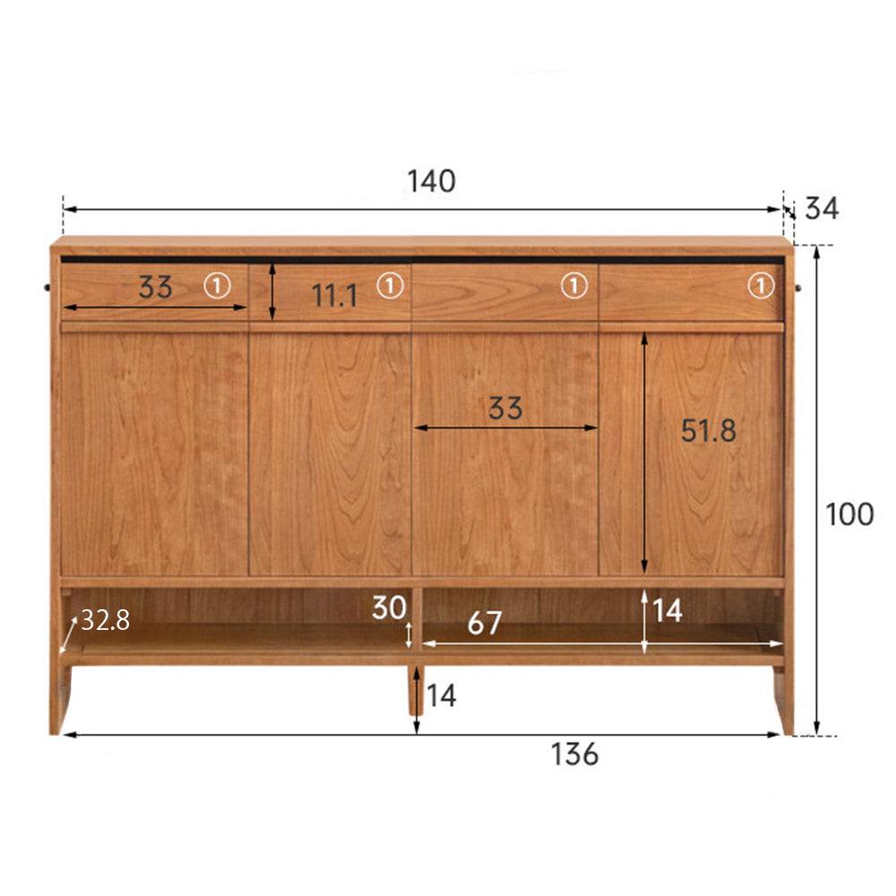 Enna natural solid cherry shoe cabinet with drawers, adjustable shoe racks, open shelves and side hooks in a hallway setting