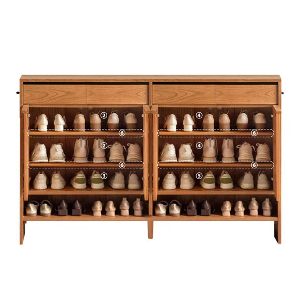 Enna natural solid cherry shoe cabinet with drawers, adjustable shoe racks, open shelves and side hooks in a hallway setting