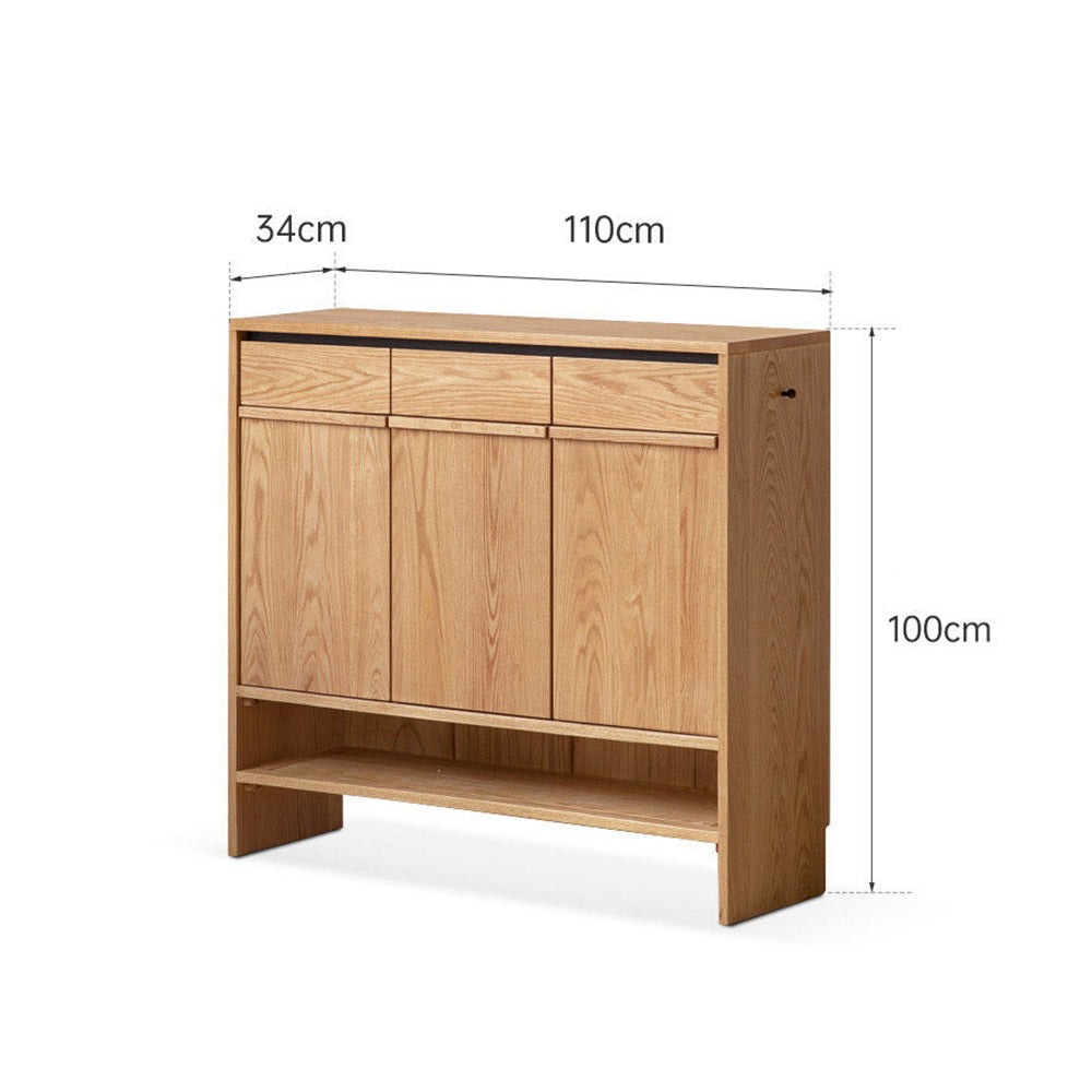 Enna natural solid oak shoe cabinet with drawers, adjustable internal shoe racks, open shelves and side hooks in an entryway