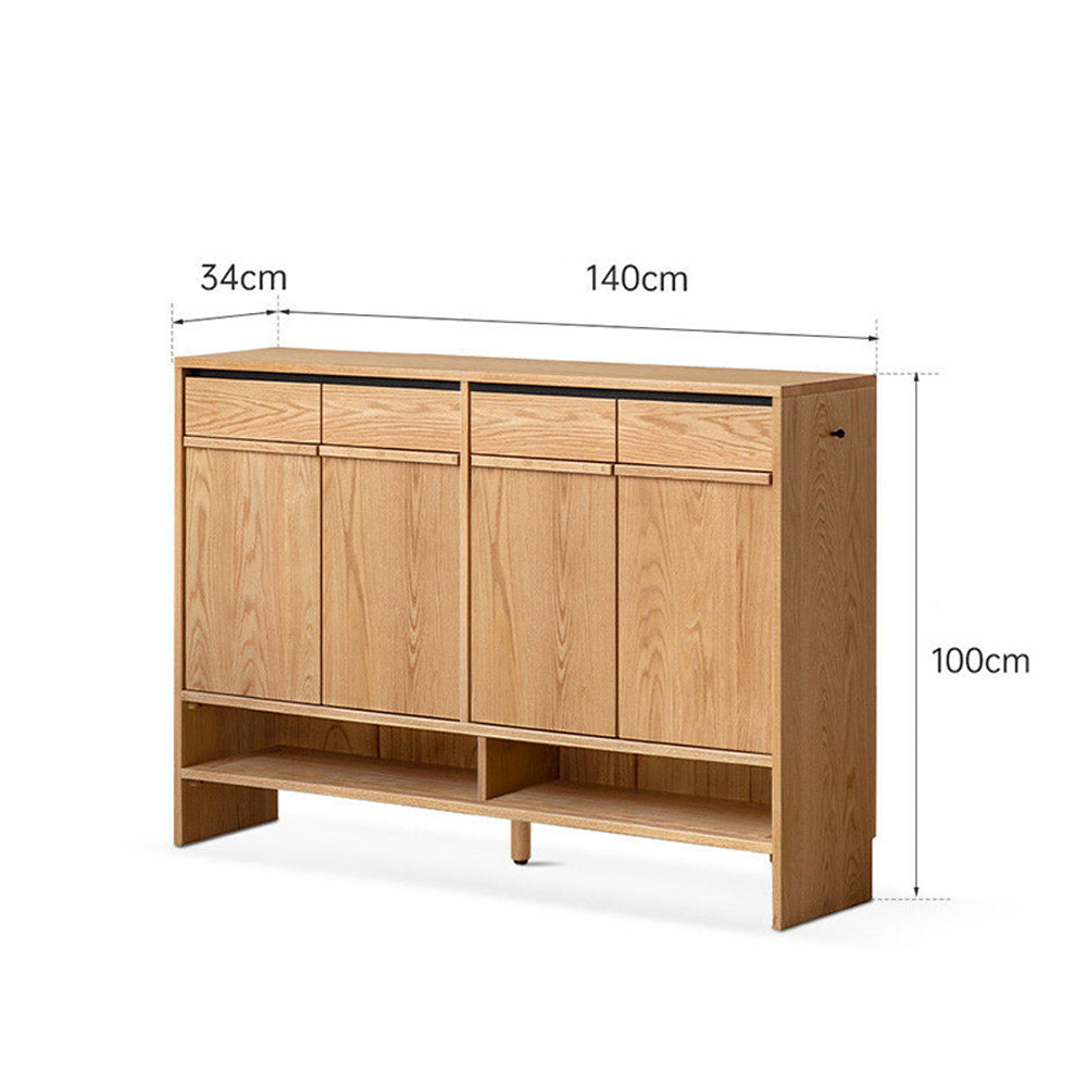 Enna natural solid oak shoe cabinet with drawers, adjustable internal shoe racks, open shelves and side hooks in an entryway