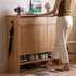 Enna natural solid oak shoe cabinet with drawers, adjustable internal shoe racks, open shelves and side hooks in an entryway