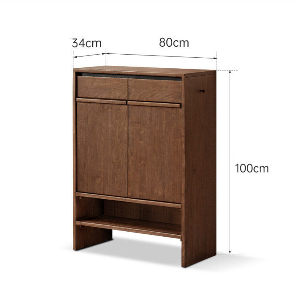 Enna natural solid walnut shoe cabinet with drawers, adjustable internal shoe racks, open shelves and side hooks in an entryway