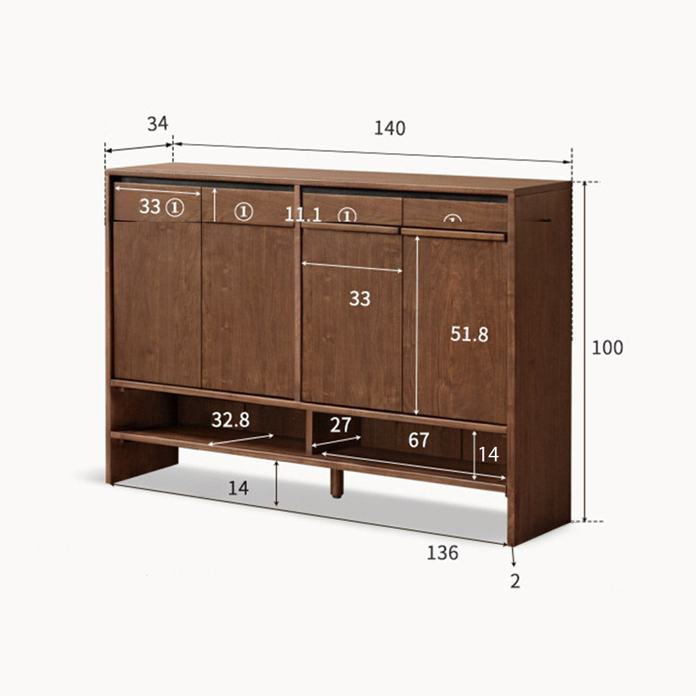 Enna natural solid walnut shoe cabinet with drawers, adjustable internal shoe racks, open shelves and side hooks in an entryway