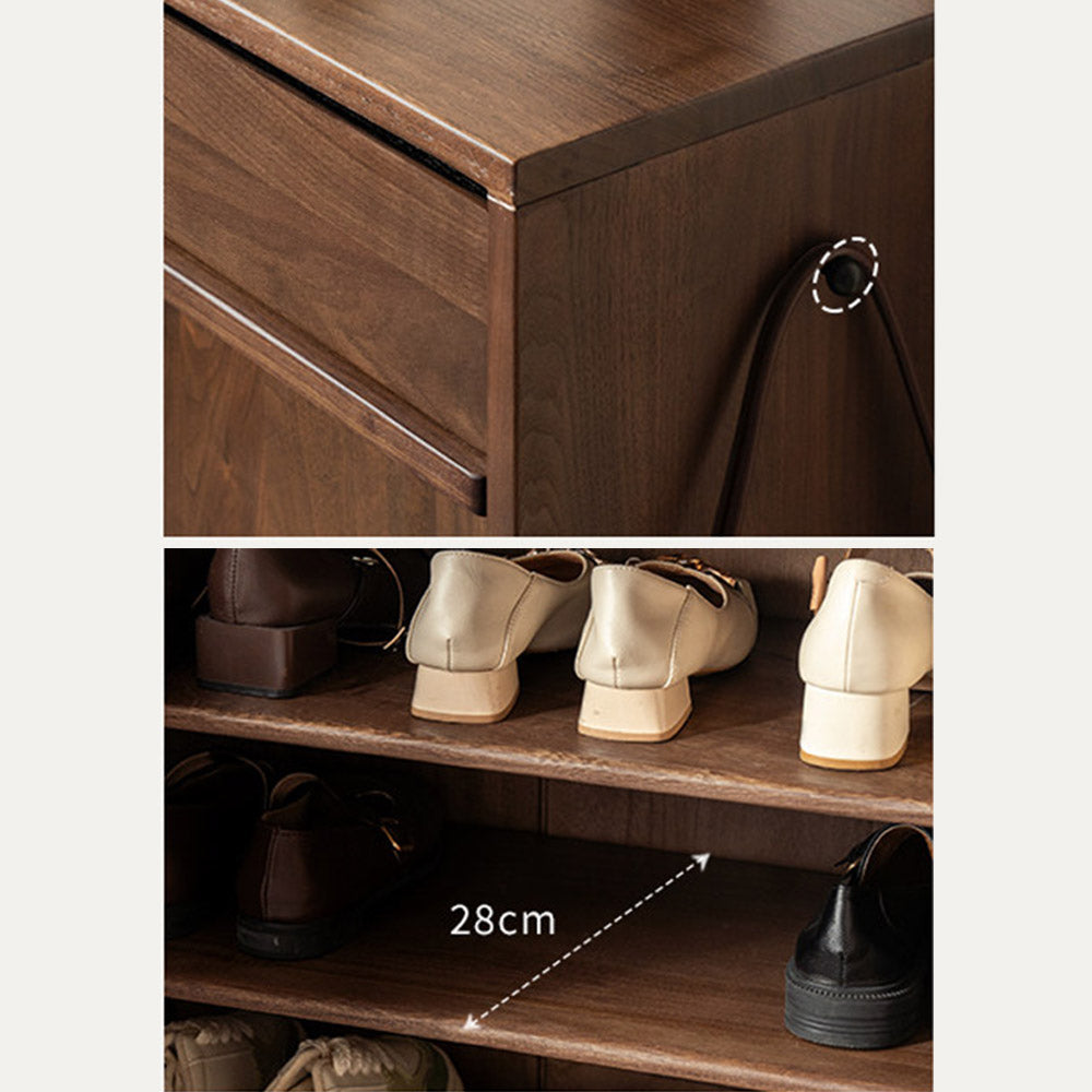 Enna natural solid walnut shoe cabinet with drawers, adjustable internal shoe racks, open shelves and side hooks in an entryway