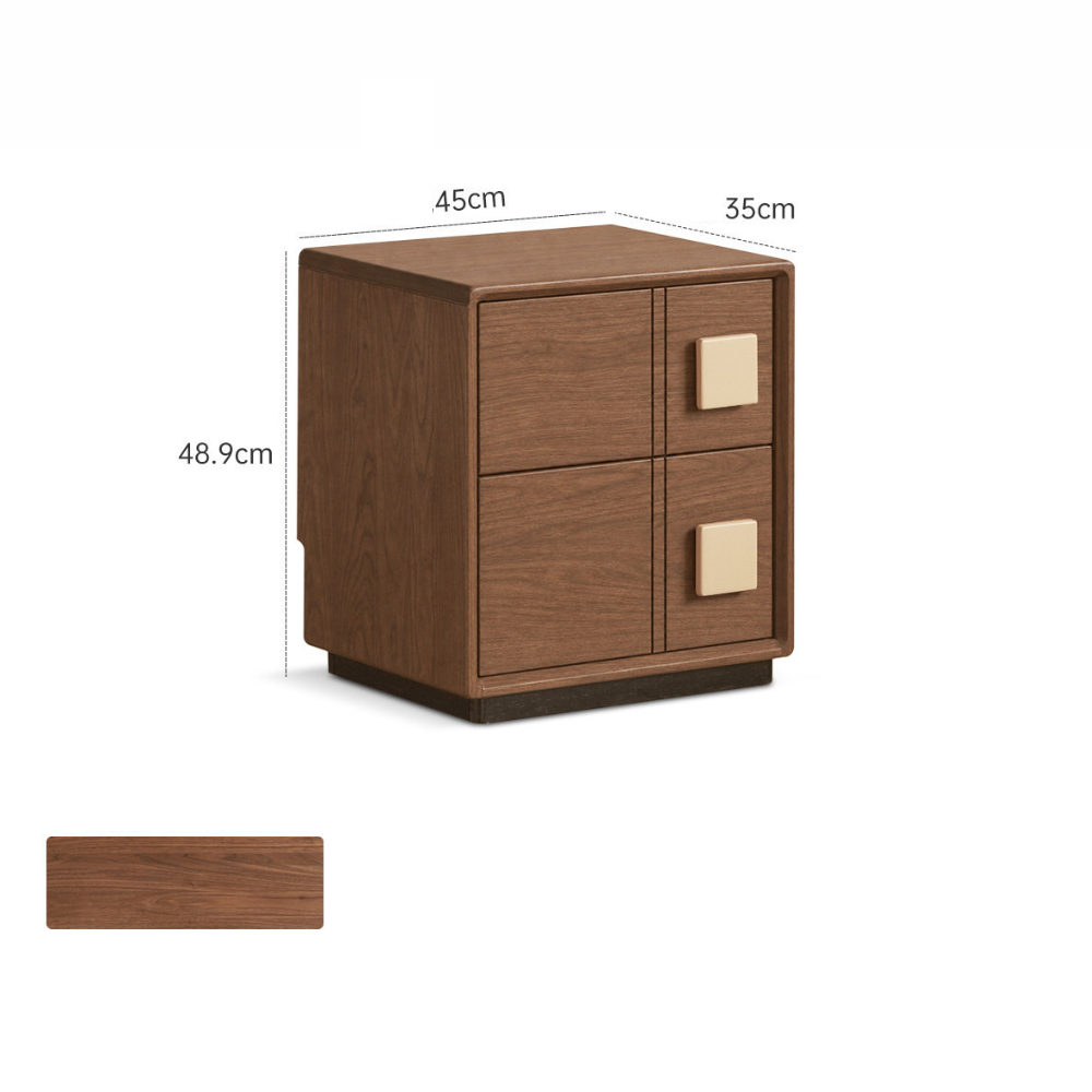 Walnut Fontana bedside table product dimensions showing 45 cm width, 35 cm depth and 48.9 cm height