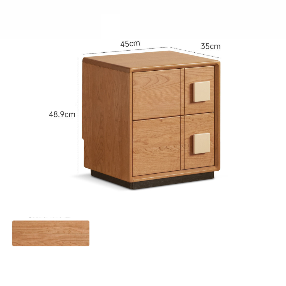 Natural wood Fontana bedside table product dimensions with two drawers and cream square handles