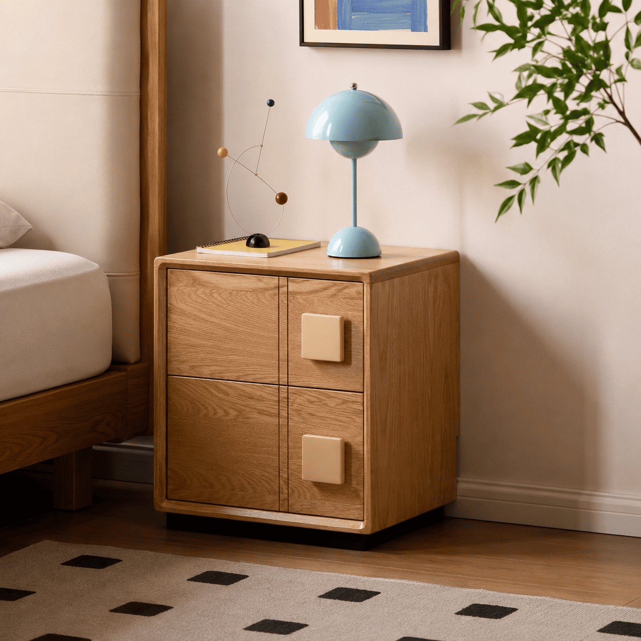 Natural wood Fontana bedside table with blue lamp, decor and two storage drawers