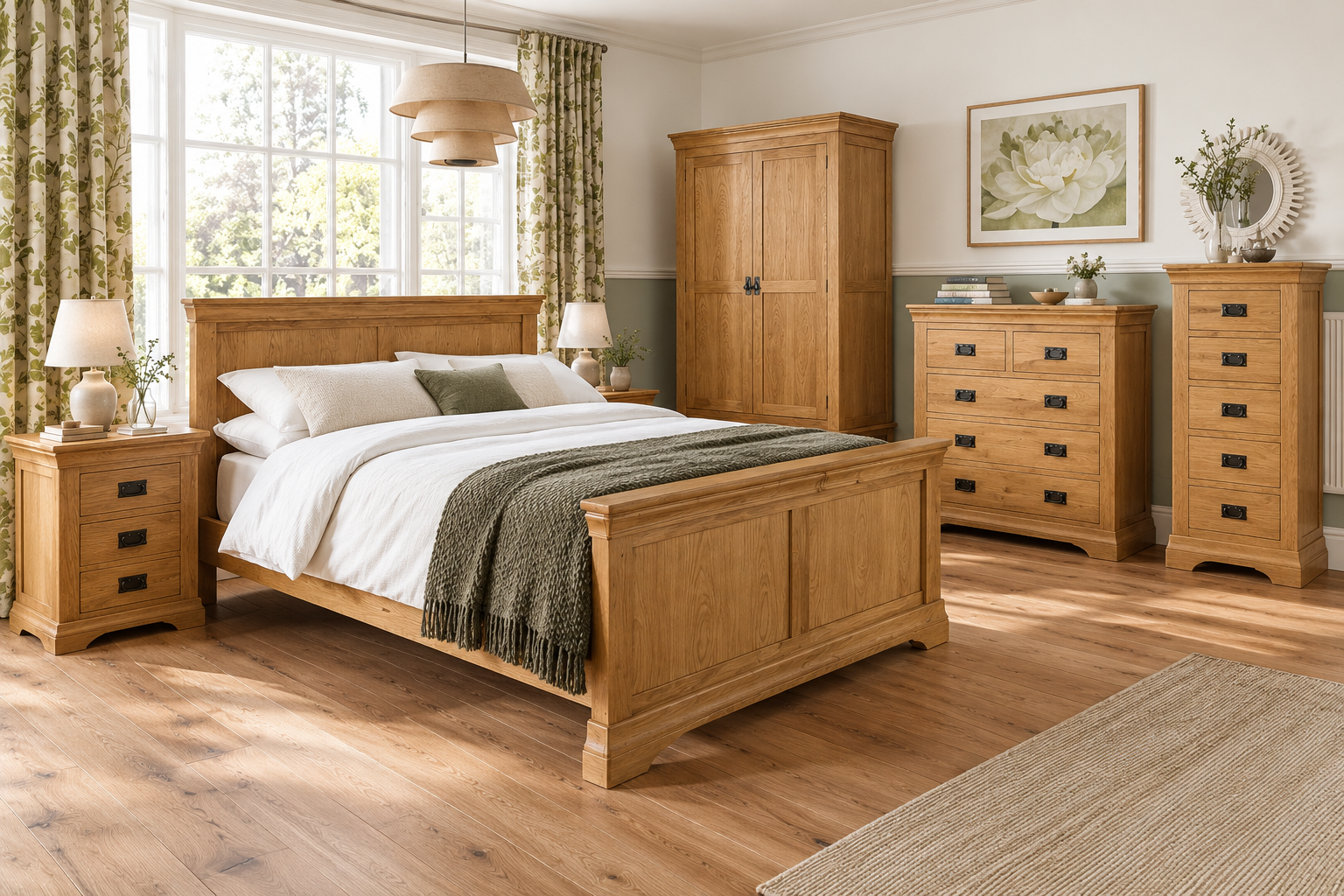 A bedroom set featuring a light oak wood bed frame with a footboard, matching nightstand, wardrobe, dresser, and chest, styled in a bright, traditional bedroom with wood floors and green floral curtains.