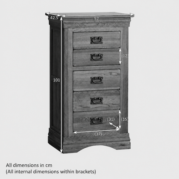 French Rustic Solid Oak 5 Drawers Tallboy
