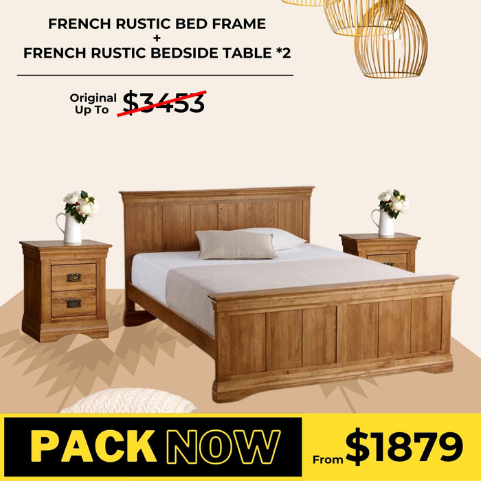 French Rustic Solid Oak Bed Frame and Bedside Table Package