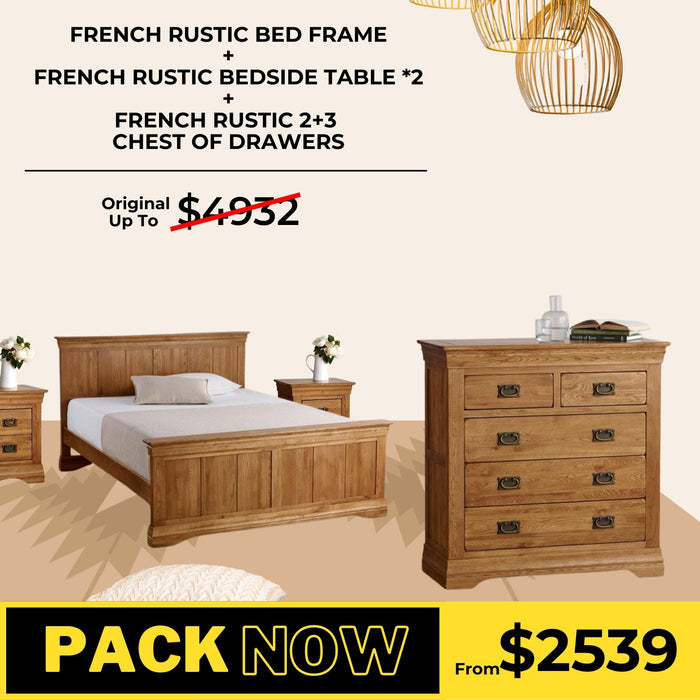 French Rustic Solid Oak Bed Frame, Bedside Table, and 2+3 Drawer Chest Package