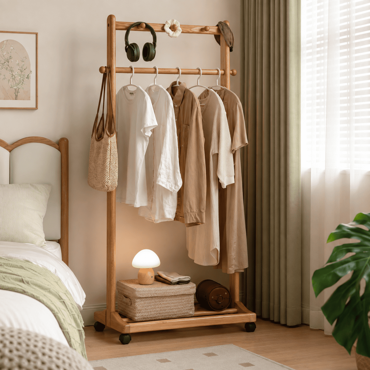 Fukuoka natural solid oak movable coat rack styled in a warm bedroom with clothes, basket and accessories